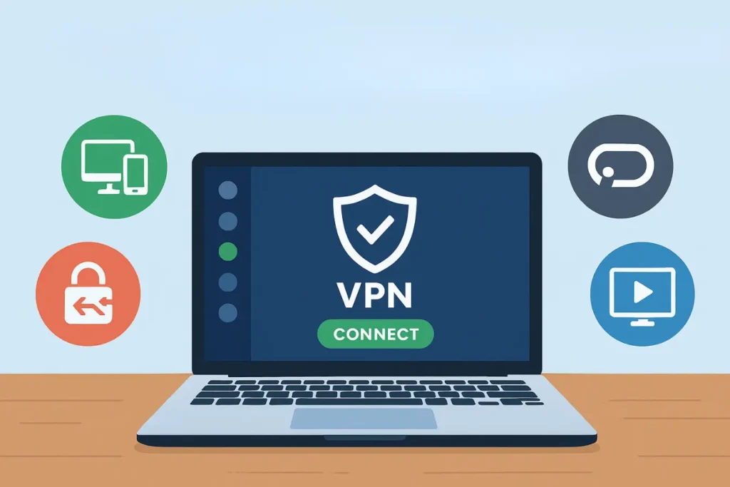 Comparison illustration of best VPNs for digital nomads in 2025 with laptop and key features icons