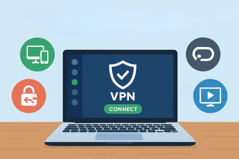 Comparison illustration of best VPNs for digital nomads in 2025 with laptop and key features icons