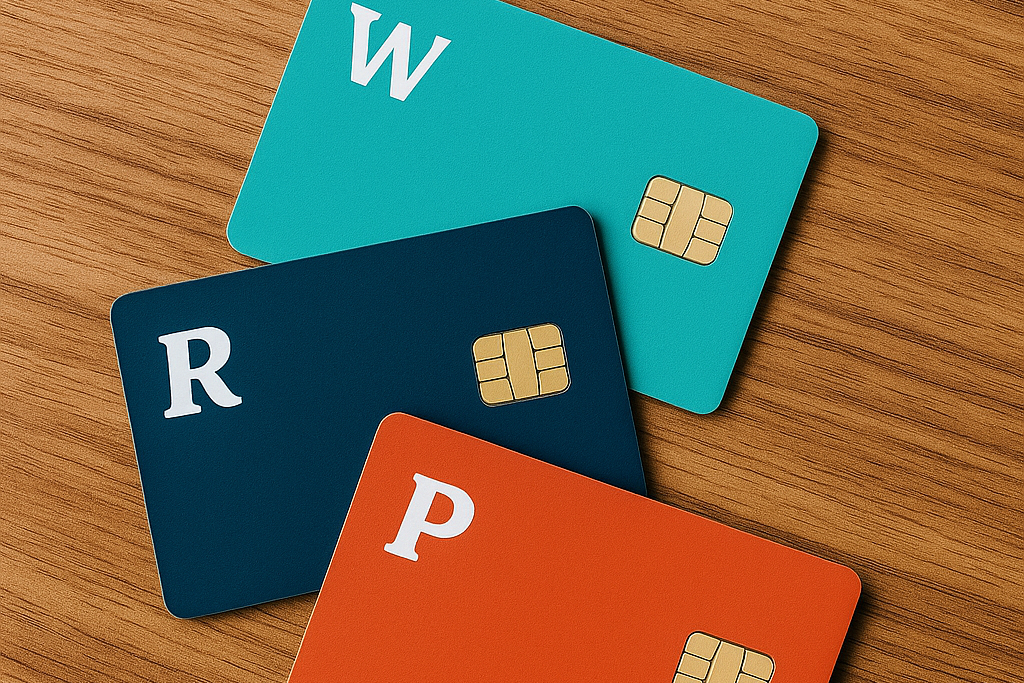Wise, Revolut, and Payoneer business debit cards on a notebook labelled contractor payouts