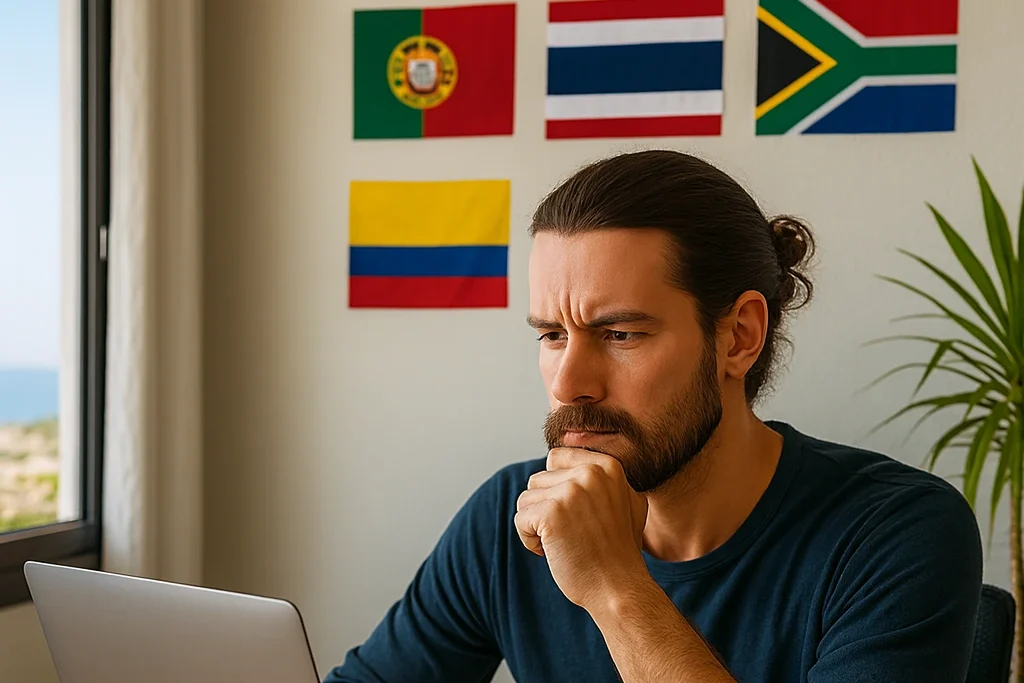 Digital nomad choosing next destination with country flags
