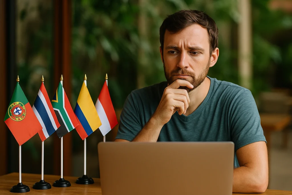 Digital nomad planning next travel destination with laptop and country flags