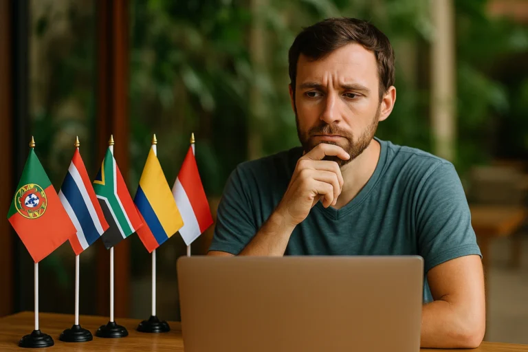 Digital nomad planning next travel destination with laptop and country flags