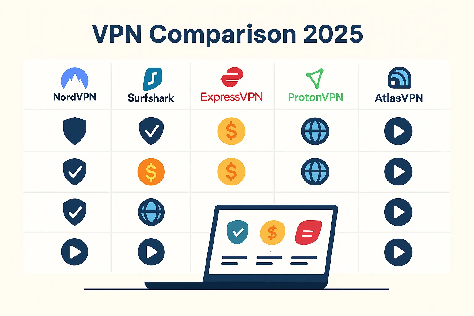VPN Comparison 2025 chart of NordVPN, Surfshark, ExpressVPN, ProtonVPN, and AtlasVPN with icons for security, price, coverage, and streaming