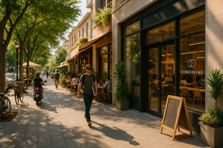 Sunlit neighborhood street with cafés and a coworking entrance within a five-minute walk