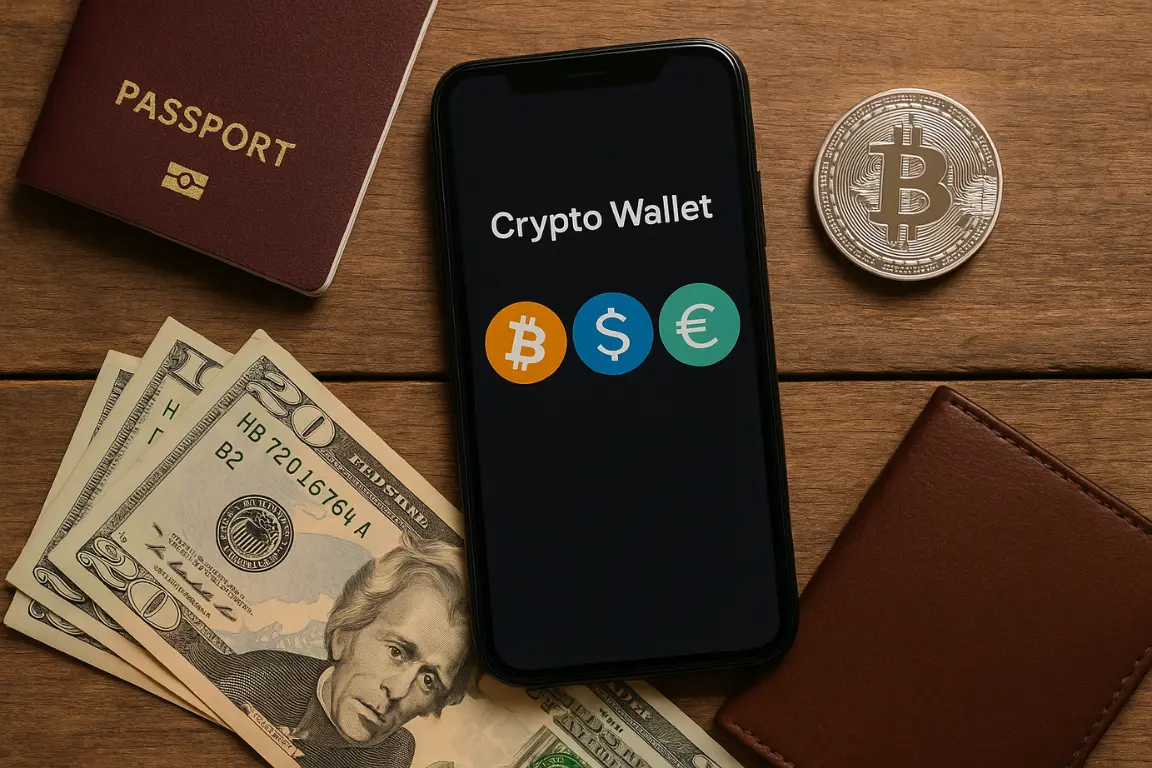 Crypto wallet on smartphone with bitcoin coin, US dollar bills, and passport on a wooden table