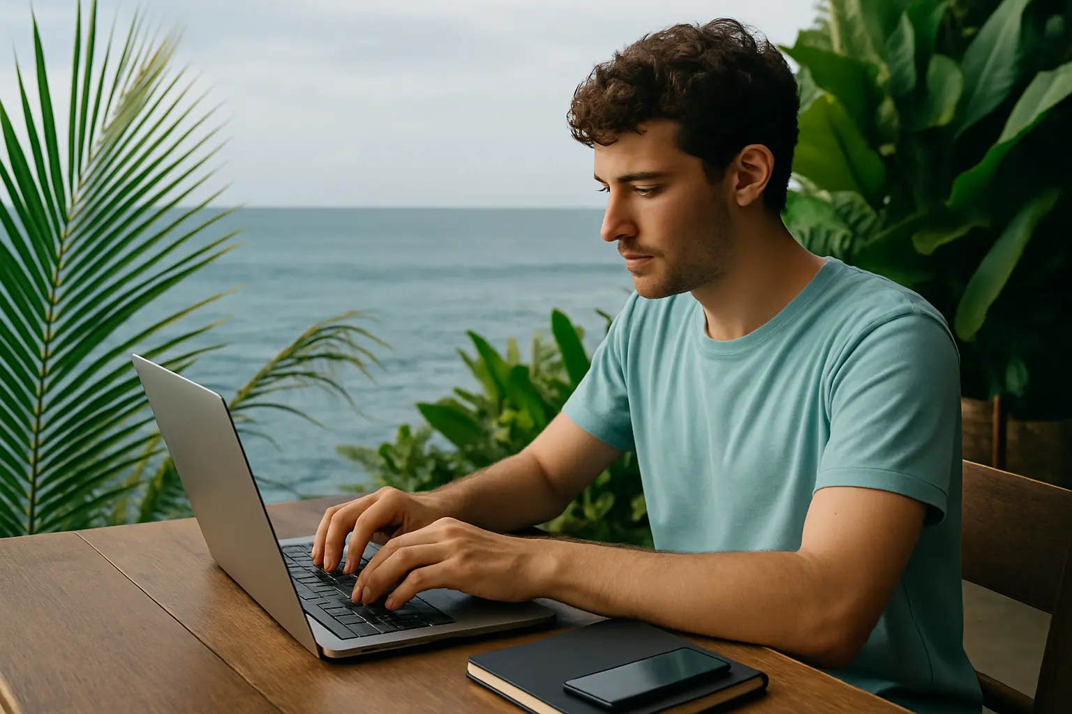 Digital nomad working on a laptop at a wooden desk with an ocean view
