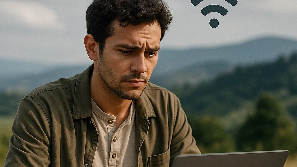 Digital nomad frustrated with weak Wi-Fi while working on a laptop outdoors
