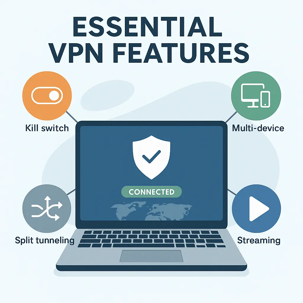 Illustration of essential VPN features including kill switch, split tunneling, multi-device, and streaming