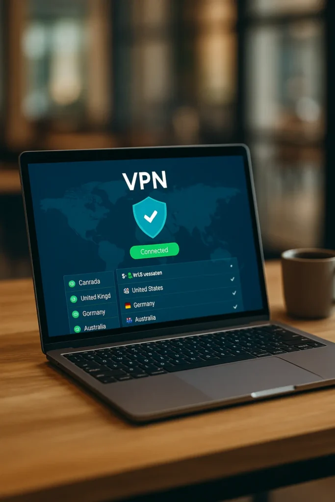 Laptop showing VPN app features for digital nomads in 2025