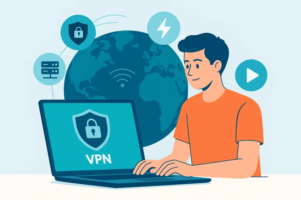 Digital nomad working on laptop with VPN interface and floating icons for security, speed, streaming, and global access
