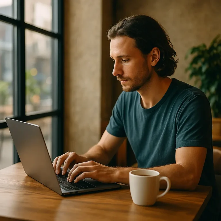Digital nomad working on laptop in a cozy café with coffee cup