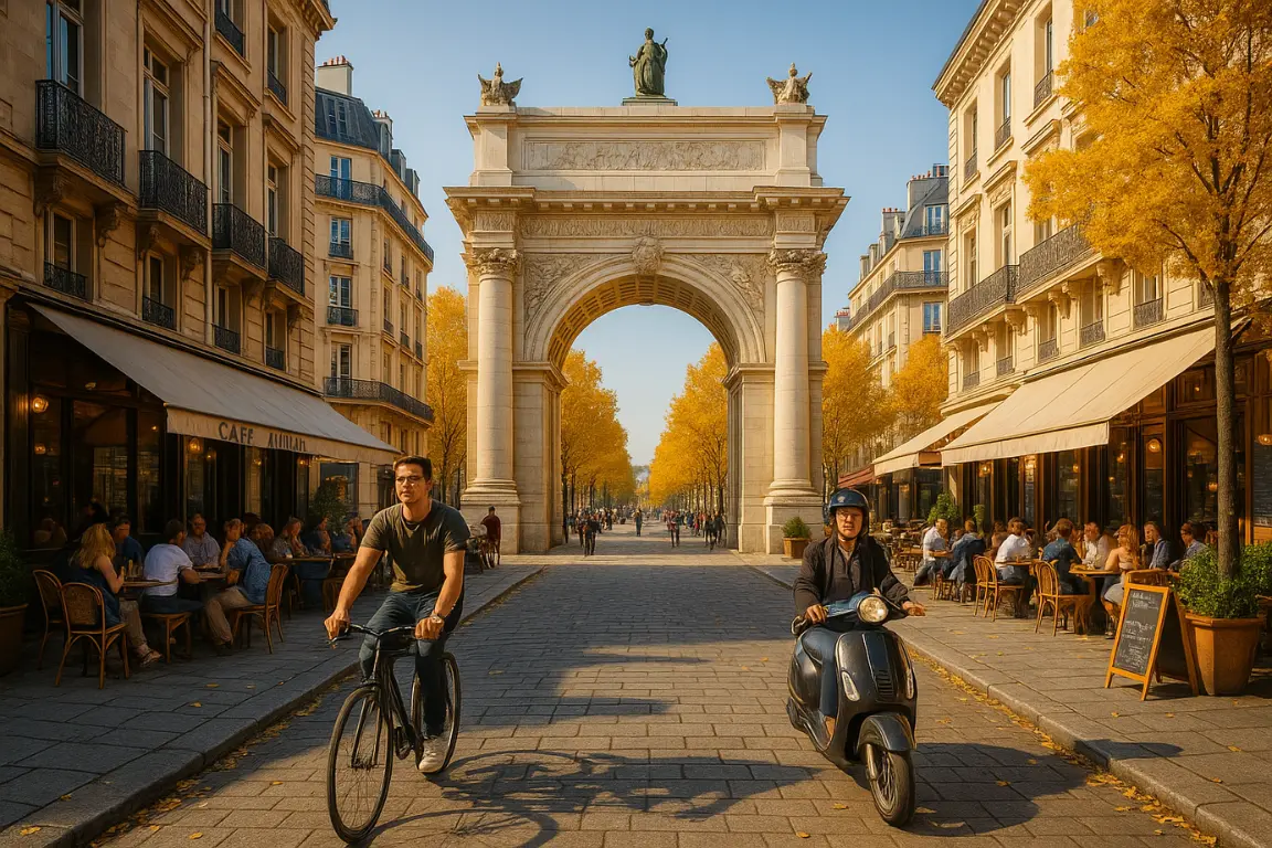 European city street with cafés and a coworking façade in daylight