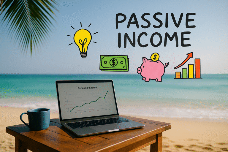 laptop on a beach table showing a rising dividend graph, colourful doodle icons and text “PASSIVE INCOME” above turquoise sea