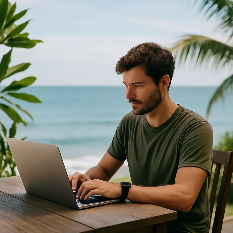 Digital nomad working on a laptop at a wooden desk with an ocean view