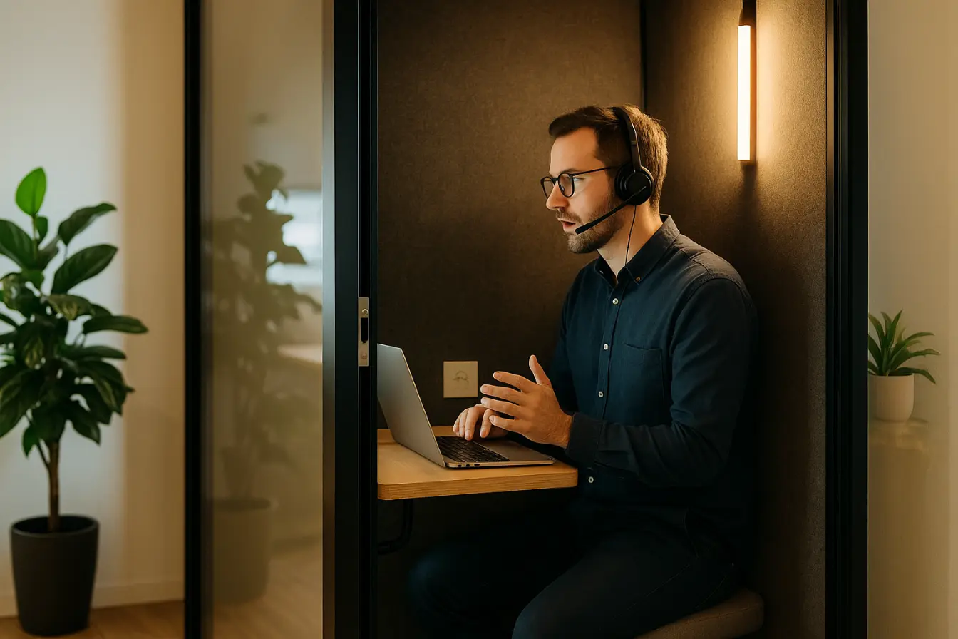 Small meeting room with soft wall panels, a single screen, table mic, and two chairs