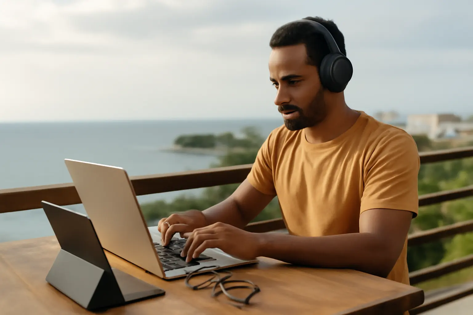 Digital nomad man working on a laptop outdoors with ocean view and headphones