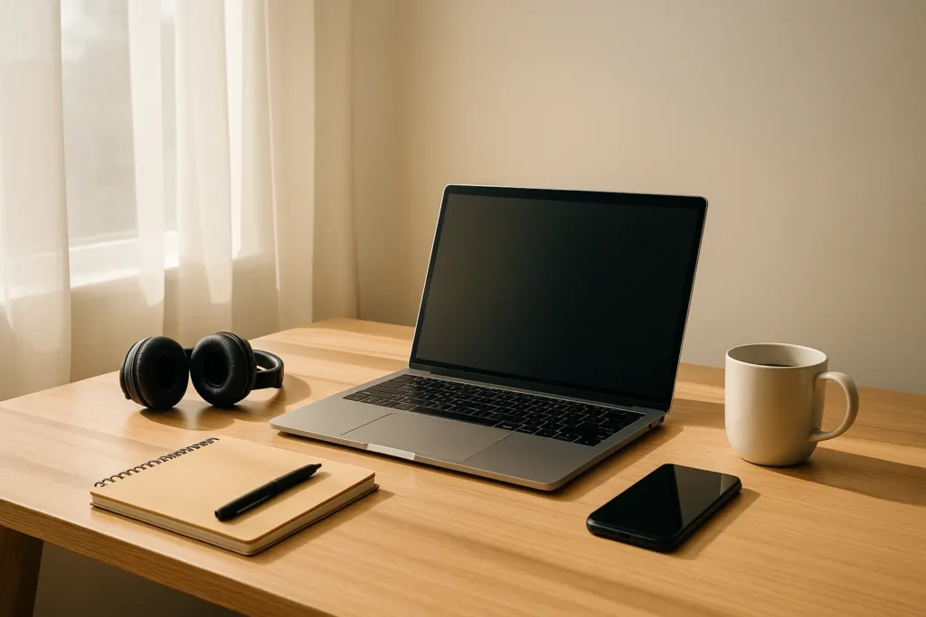 Minimalist digital nomad workspace with laptop, notebook, and coffee in natural light