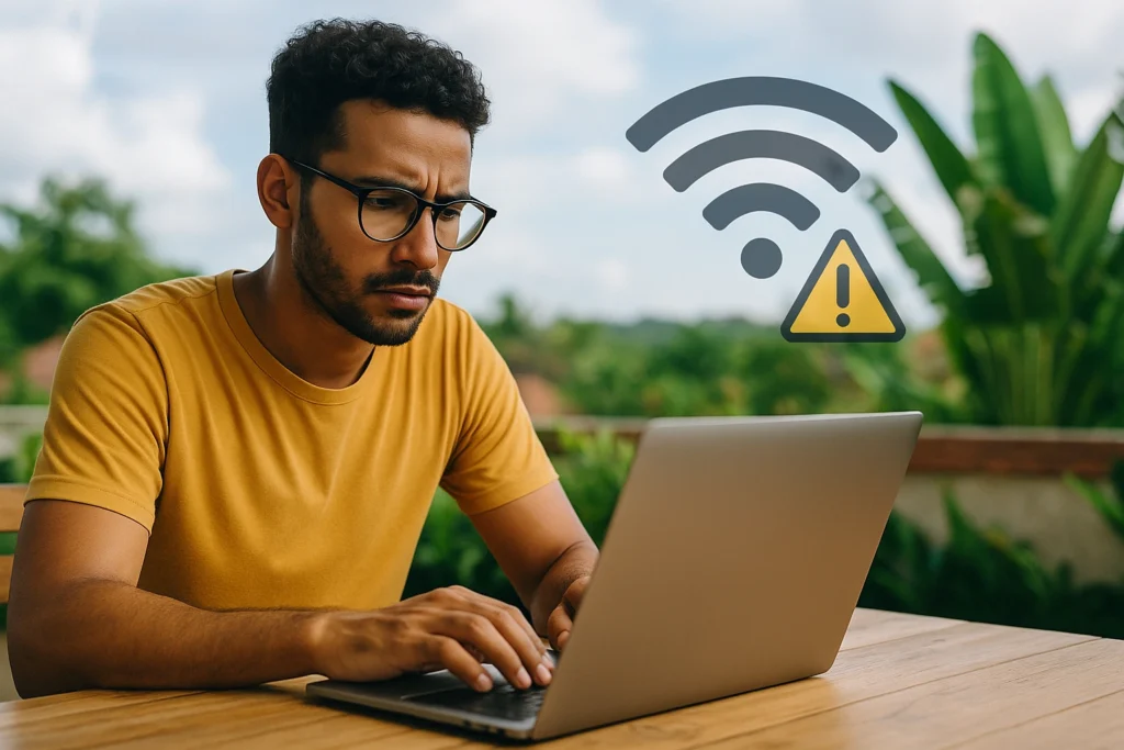 Digital nomad facing weak Wi-Fi while working on a laptop