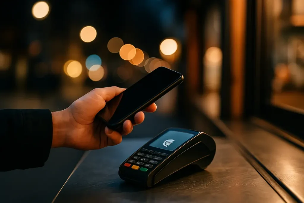 Paying with a smartphone at a contactless terminal on a city street at night