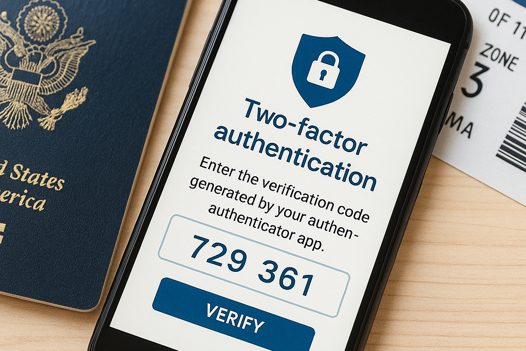 Smartphone showing two-factor authentication code beside travel documents