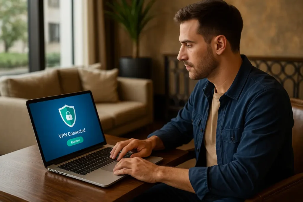 Traveler using VPN on laptop while abroad to stay secure online