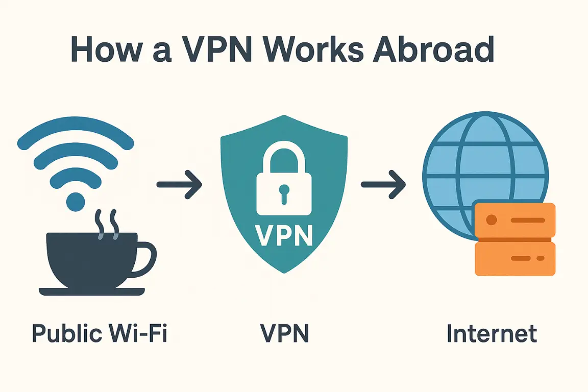 Diagram showing how to use a VPN when traveling abroad