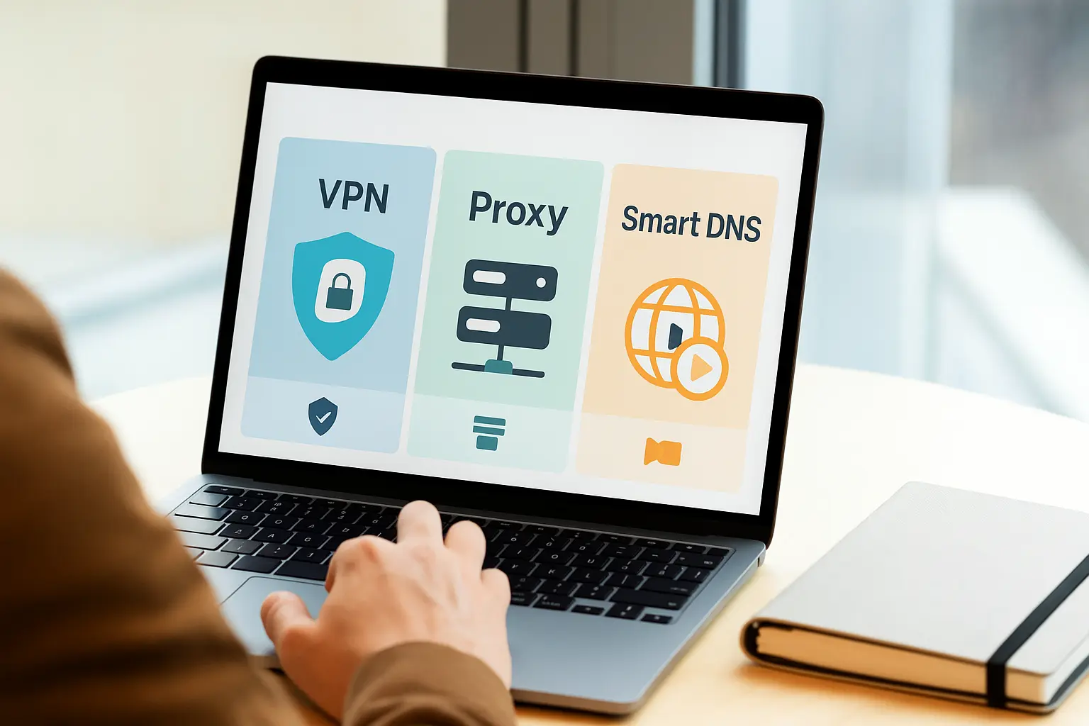 Laptop screen showing comparison between VPN, Proxy, and Smart DNS with icons for security, servers, and streaming