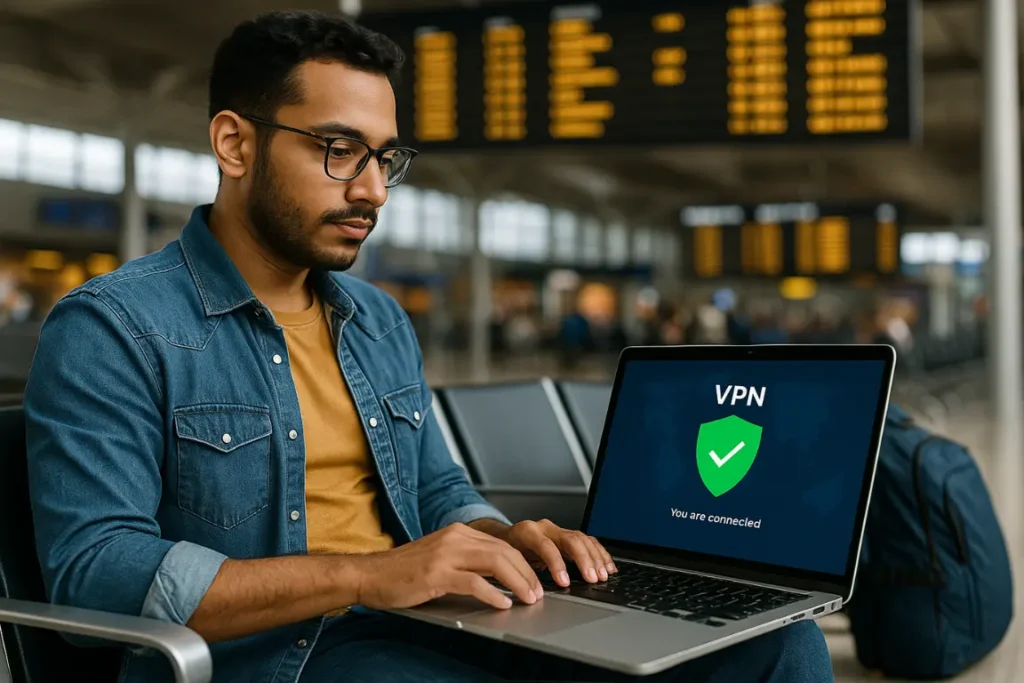Digital nomad using VPN while traveling through airport Wi-Fi