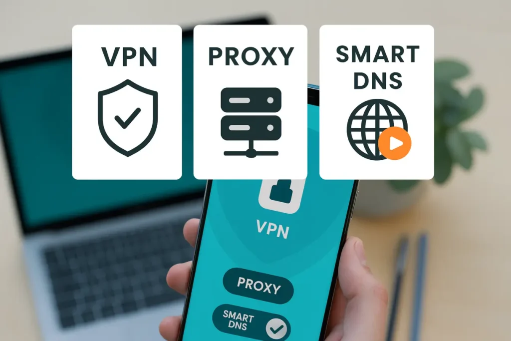 Featured image comparing VPN, Proxy, and Smart DNS with icons above a smartphone VPN app