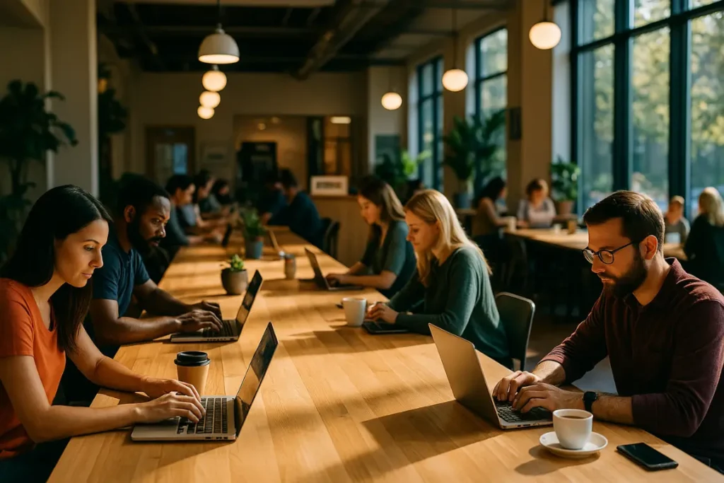 Daytime coworking space open on Saturday with people working at long tables and a front desk showing weekend hours