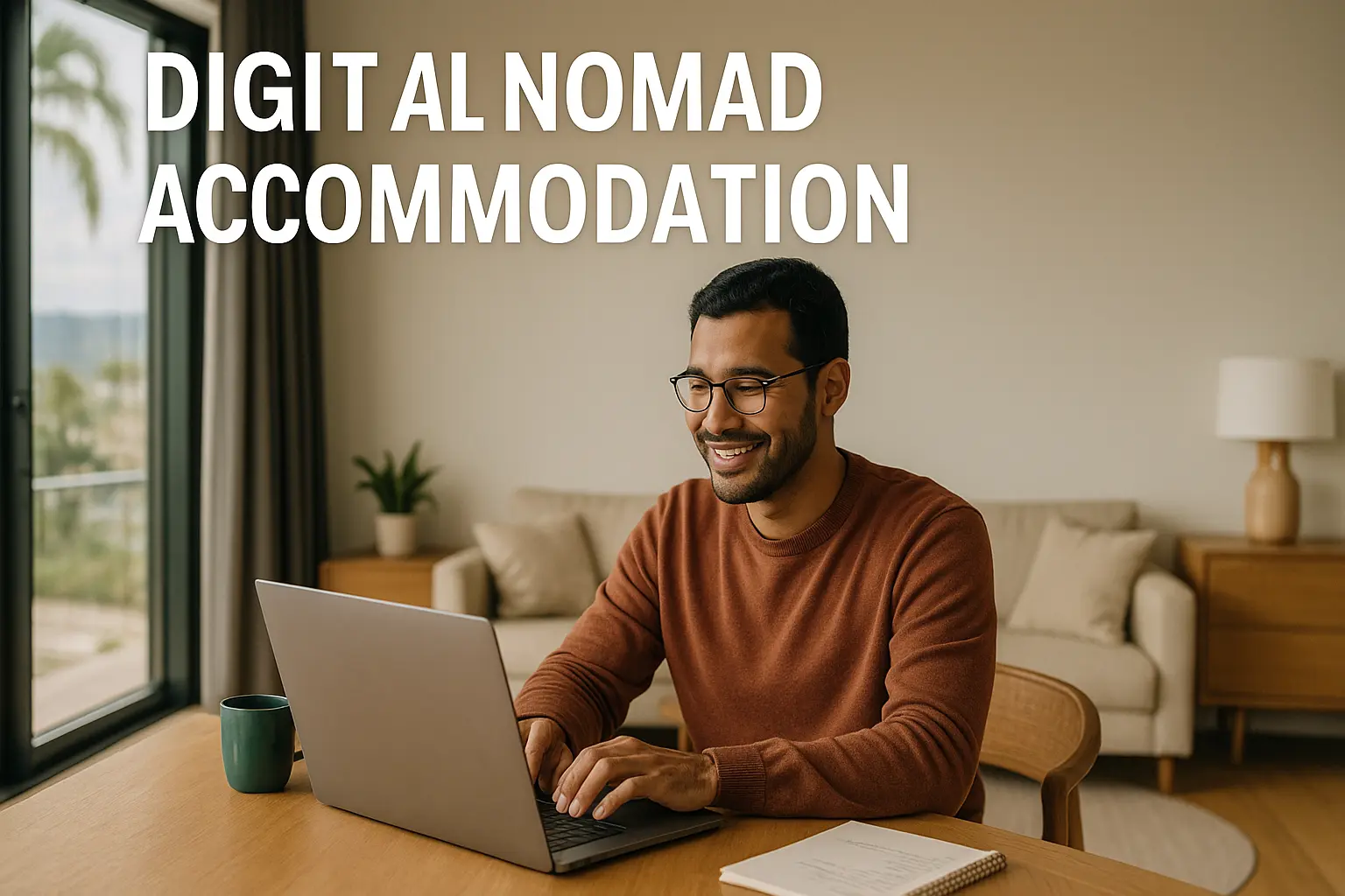 Digital nomad working on a laptop in a modern apartment with natural light