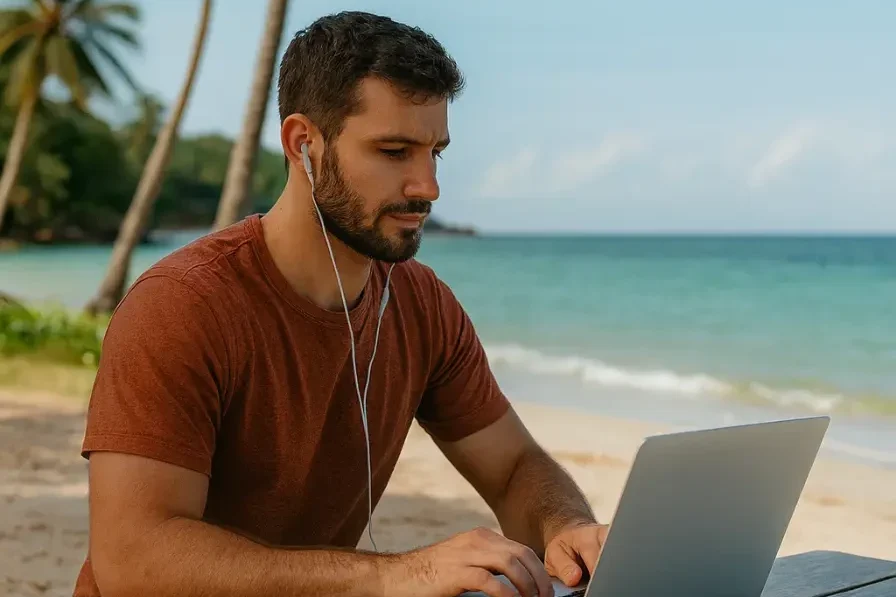 Digital nomad working on a laptop at a tropical beachside café