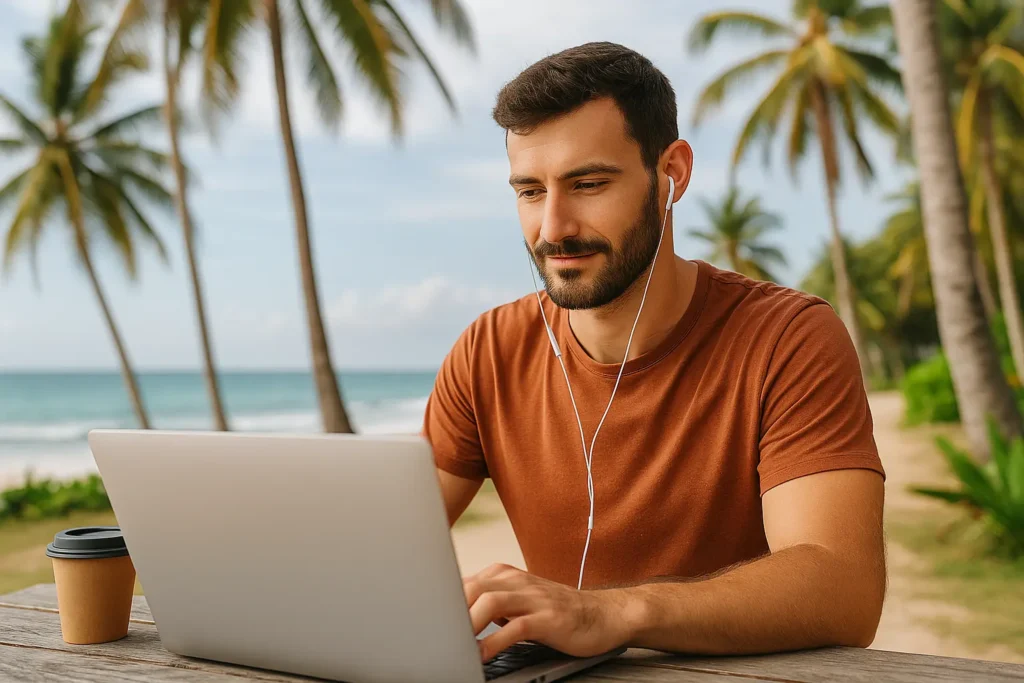 Digital nomad working on a laptop by the beach with palm trees