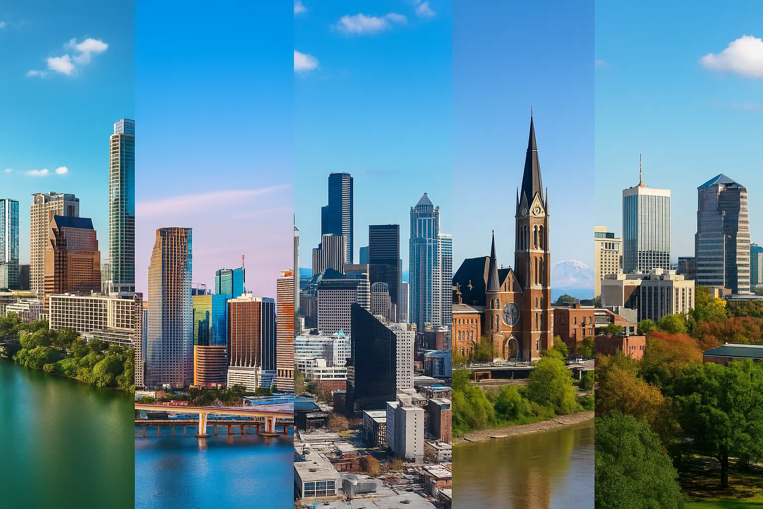 Composite collage showing skylines of top US cities for remote work in 2026