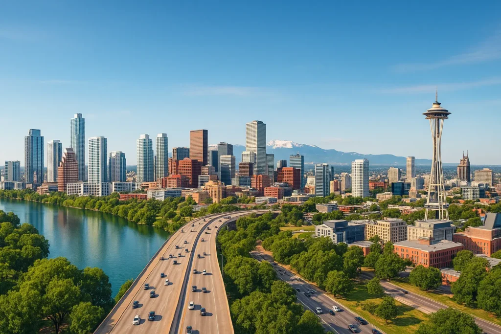Panoramic collage of multiple US city skylines representing the best remote work destinations in 2026