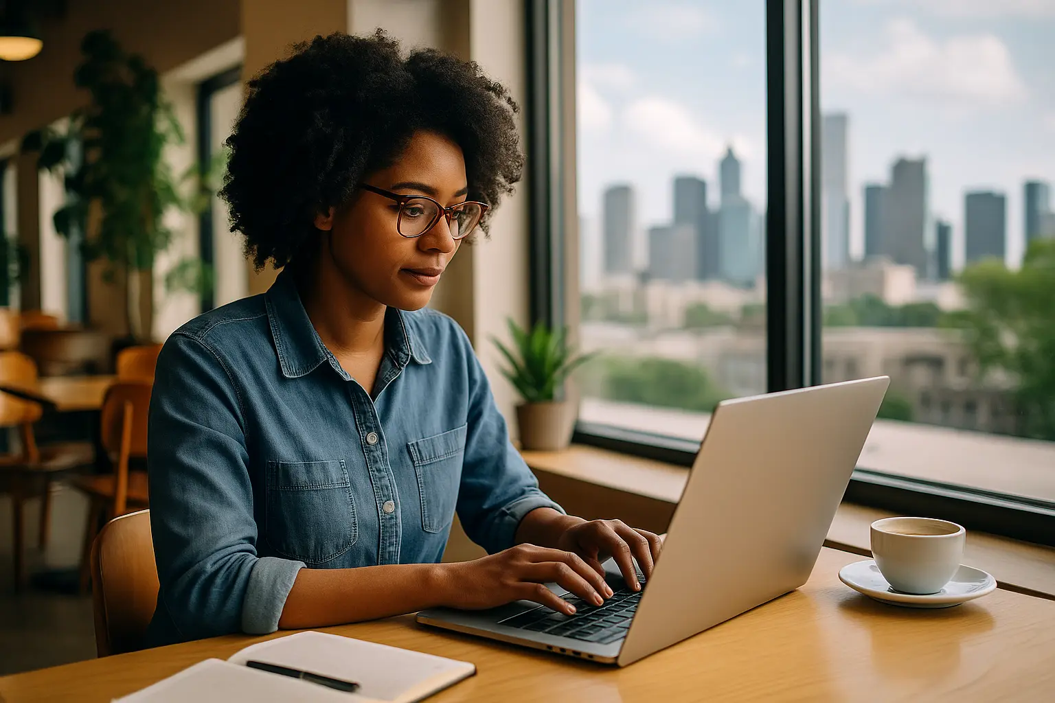 Remote professional working in a modern café with a city skyline view in the USA 2026