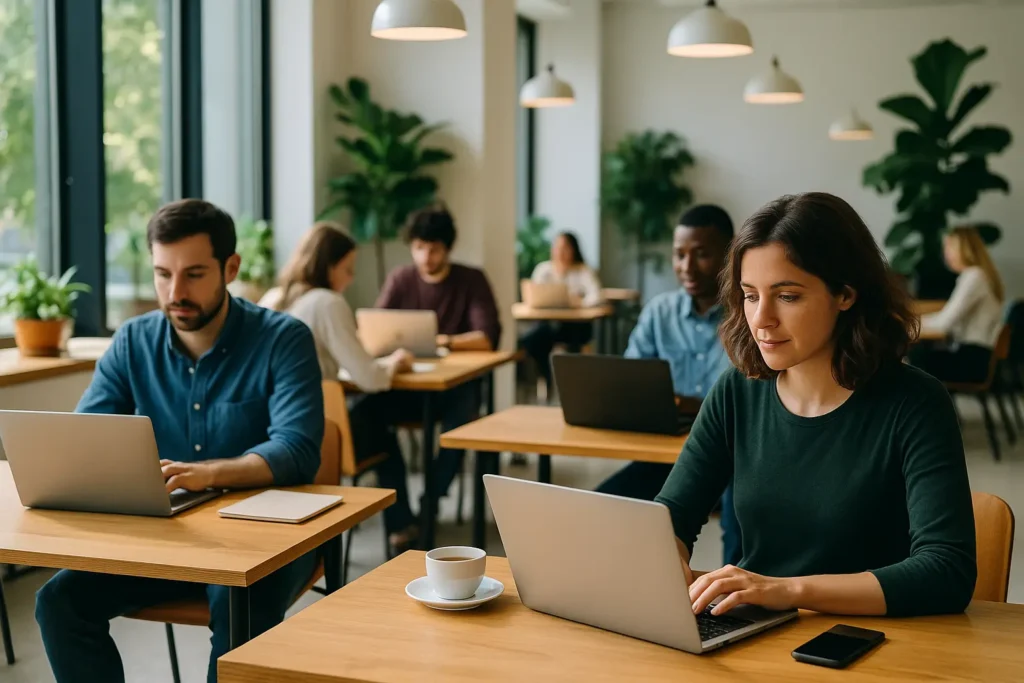 Modern coworking space in the USA with diverse remote workers in 2026