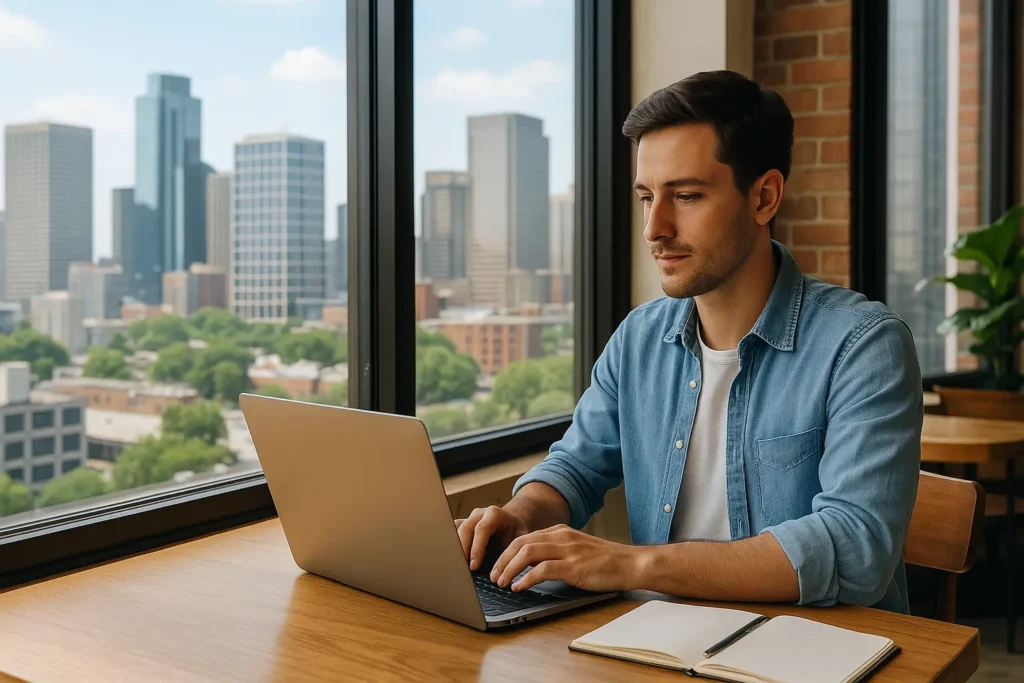 Digital nomad working from a modern café with a city skyline view in the USA 2026
