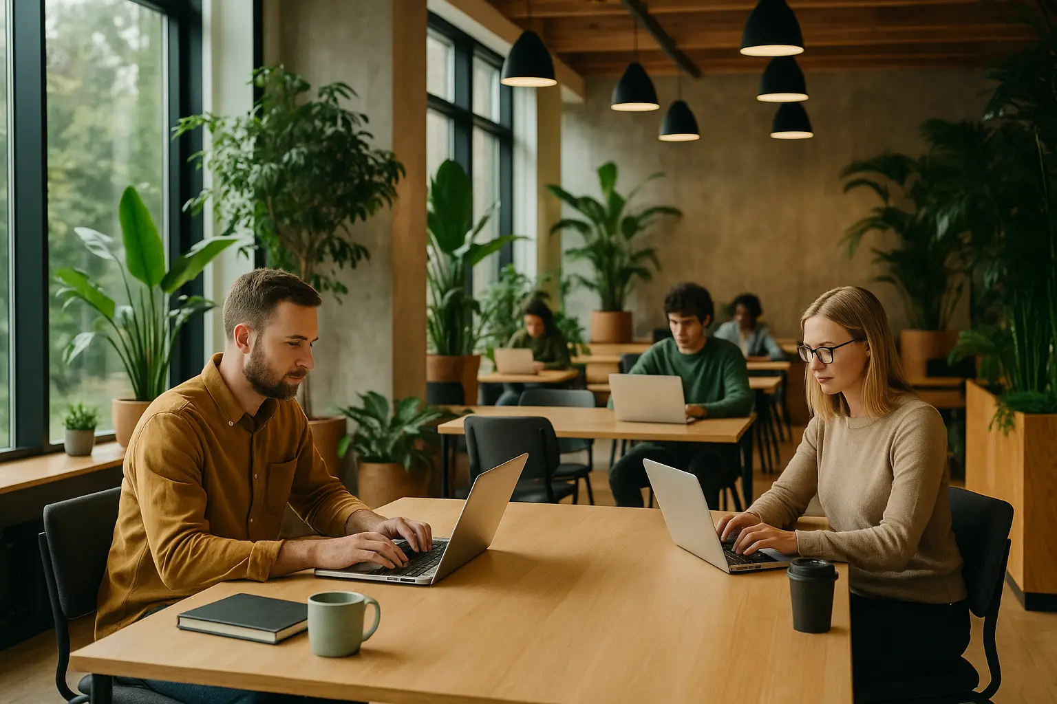 Remote workers in a bright modern coworking space with natural light in the USA 2026