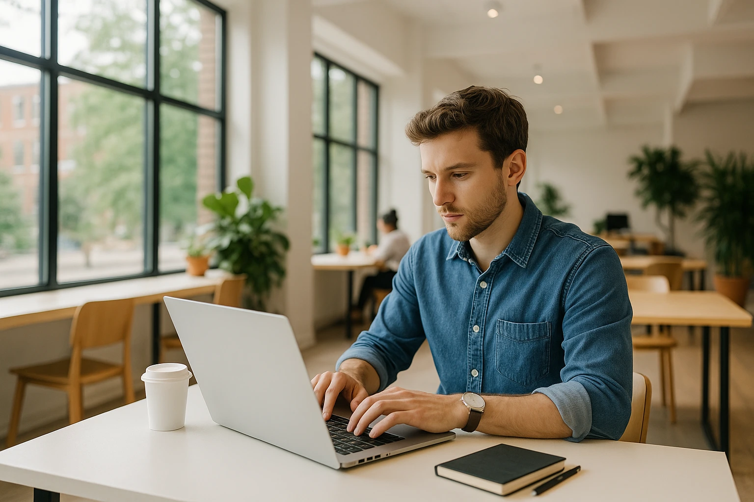 Remote professional working on a laptop in a bright coworking space in the USA 2026
