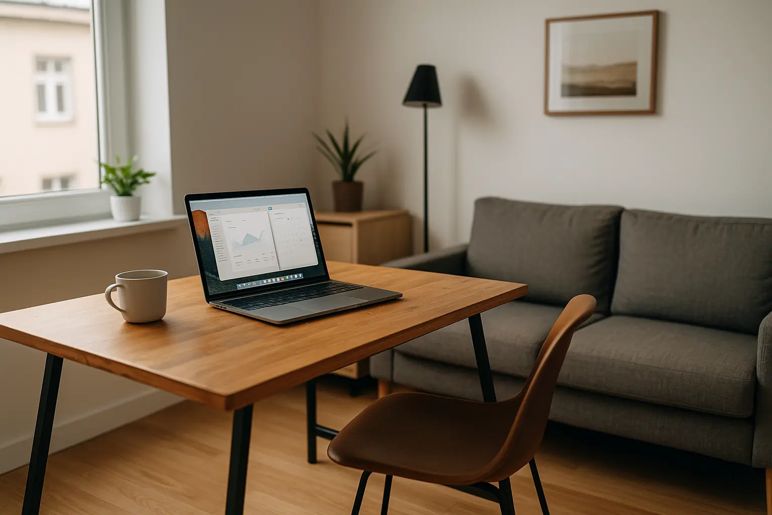 Remote worker setup in a bright modern apartment in the USA 2026