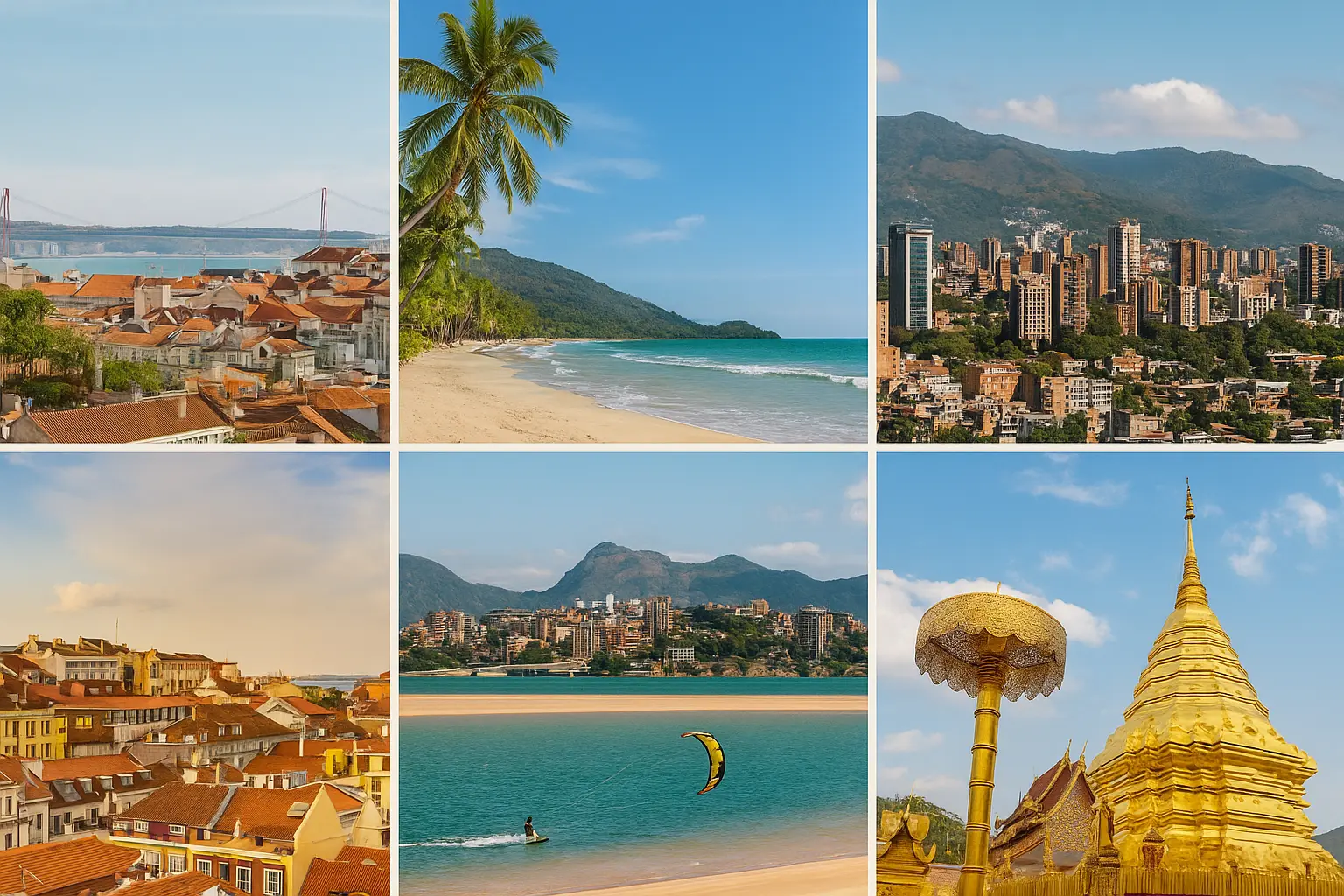 Photo collage of Lisbon, Bali, Medellín, Mexico City, Dakhla, and Chiang Mai for digital nomads