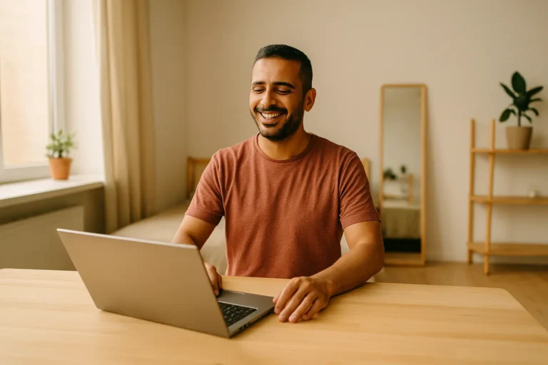 Affordable apartment for digital nomads with a man working on a laptop