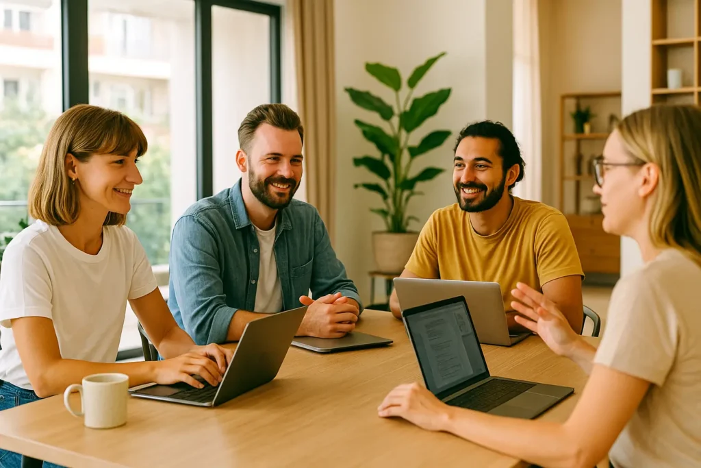 Digital nomads collaborating in a bright modern coliving space