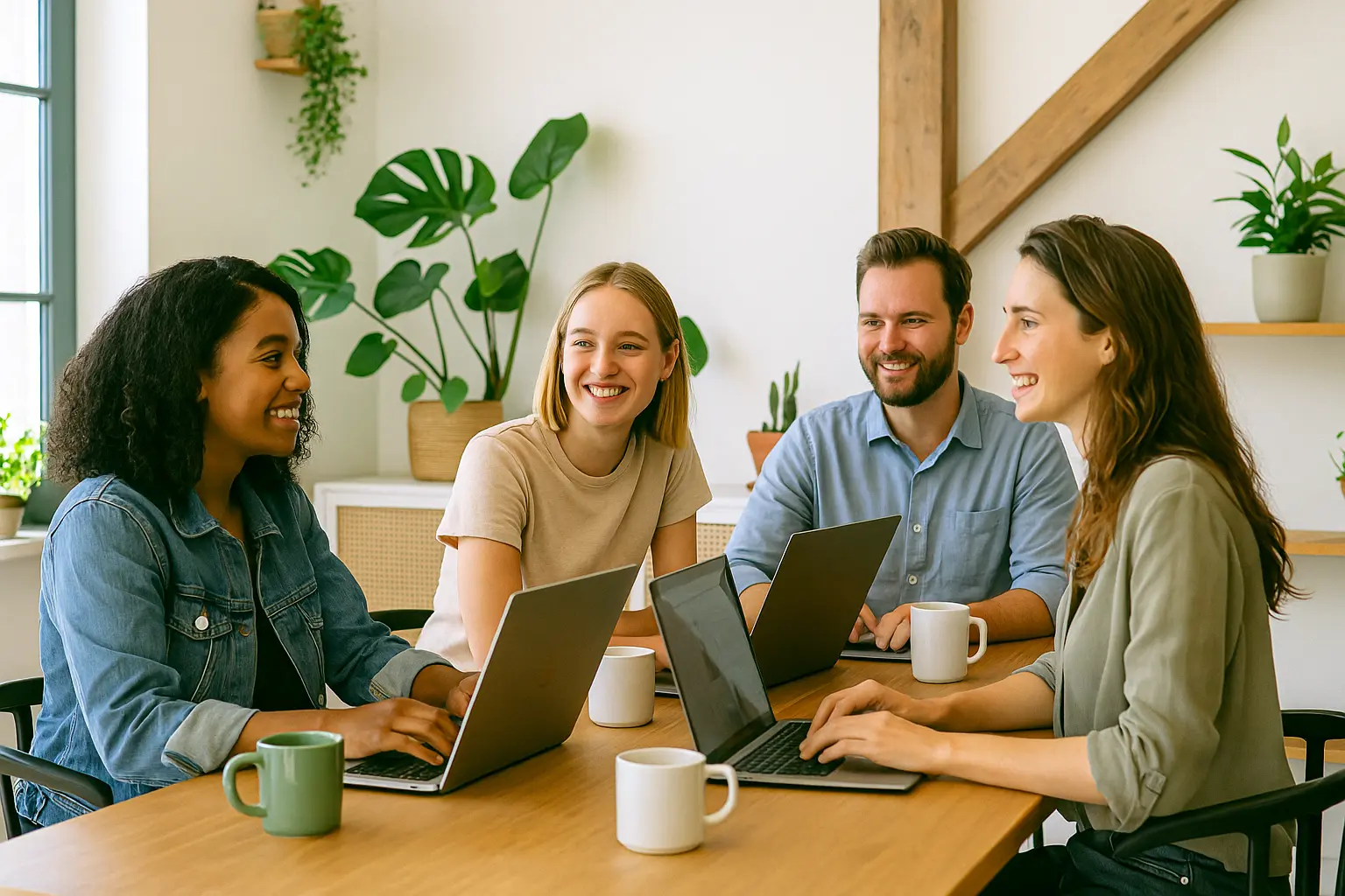 Digital nomads collaborating in a bright modern coliving space