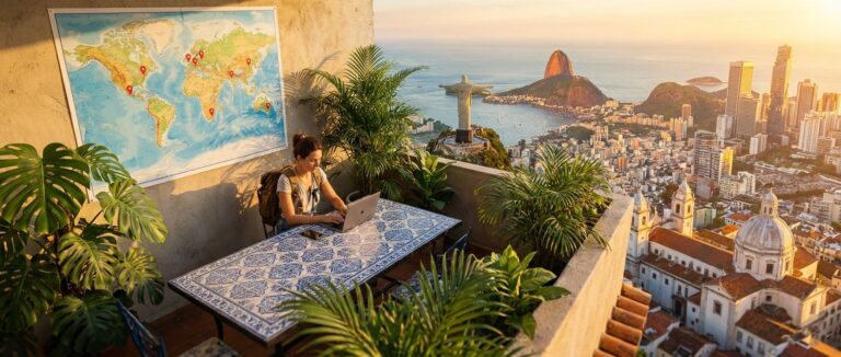 A digital nomad working on a MacBook at a coastal café terrace, with a panoramic view of an international cityscape during the golden hour.