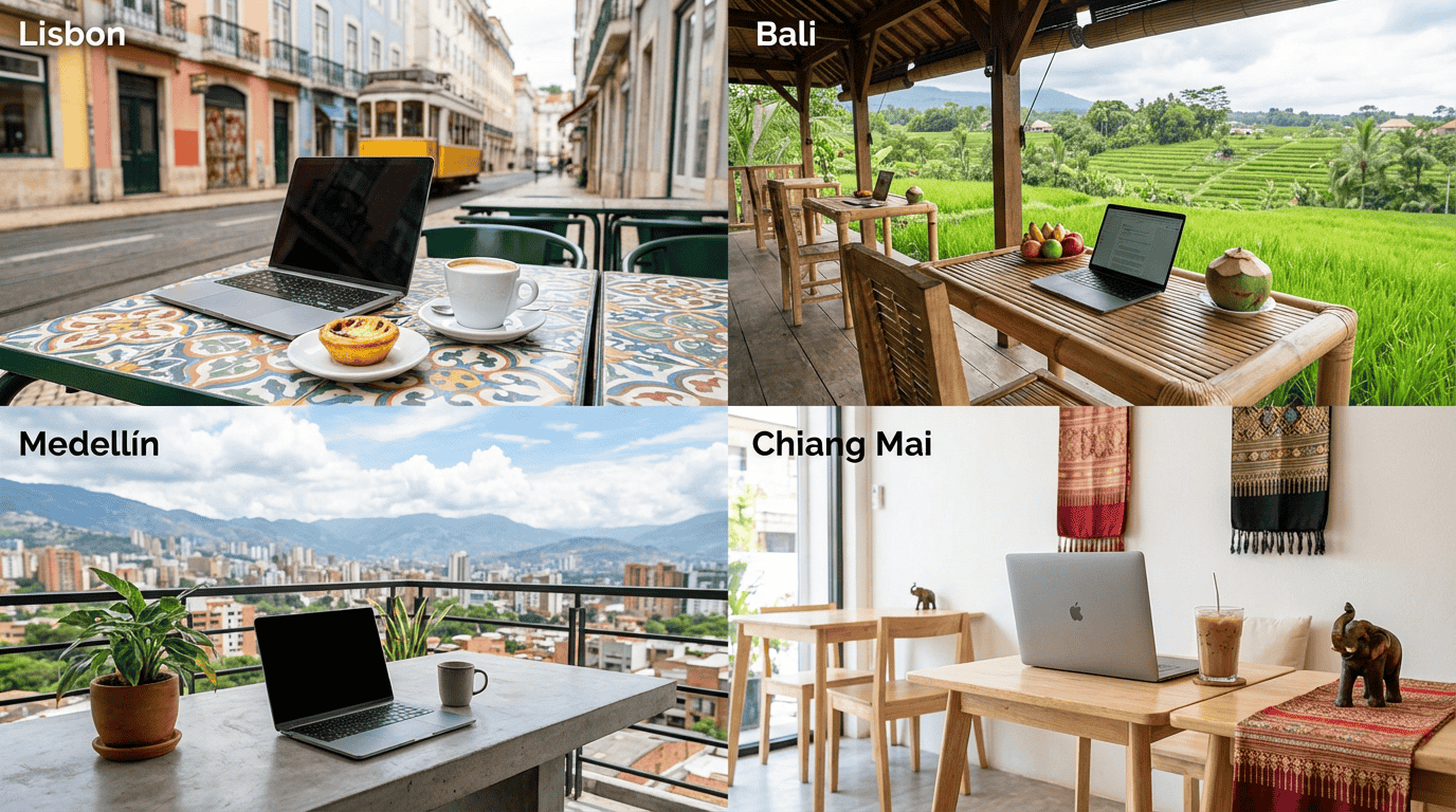 A split-screen collage showcasing four diverse digital nomad workspaces: a colorful historic street in Lisbon, a tropical villa in Bali, a modern rooftop in Medellín, and a minimalist café in Chiang Mai.