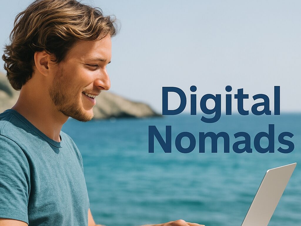 Young digital nomad working remotely on a laptop by the sea with a joyful smile