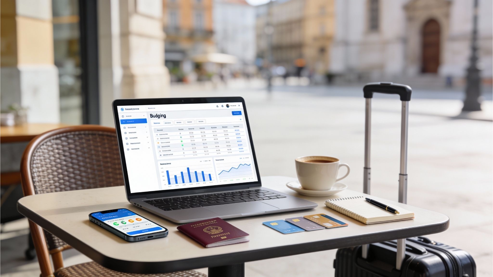 Laptop and phone showing a budgeting setup on a café table with travel items nearby