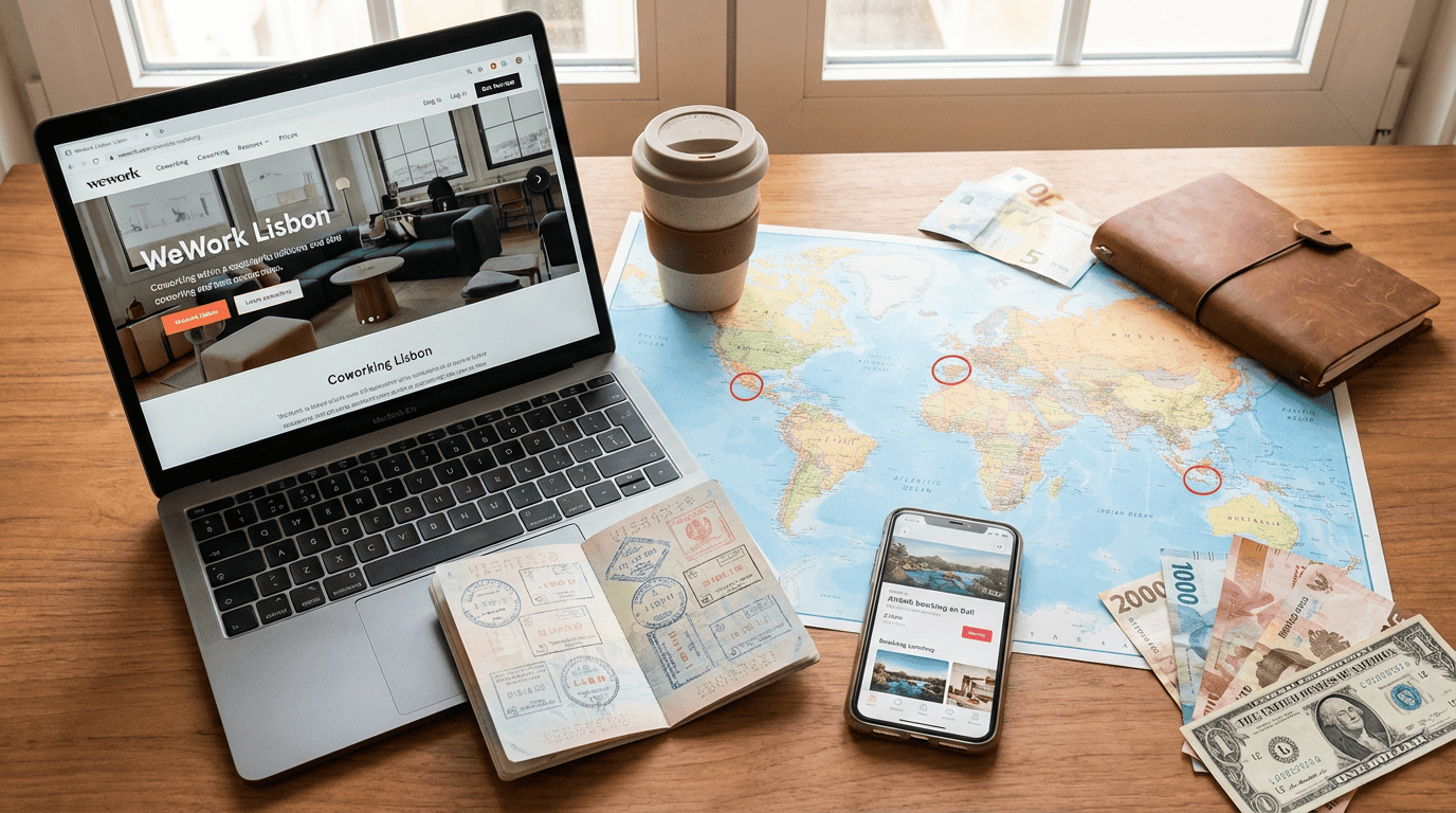 A top-down flat lay of digital nomad essentials on a wooden desk, including an open passport, laptop, smartphone, world map, travel journal, coffee cup, and international currency.